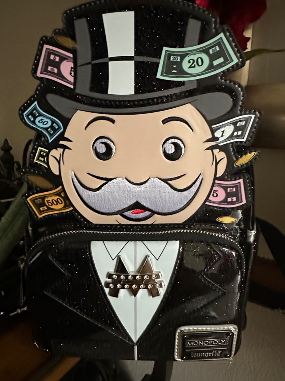 Loungefly Black Mr. Monopoly Character Backpack with Multicolor Money Accents